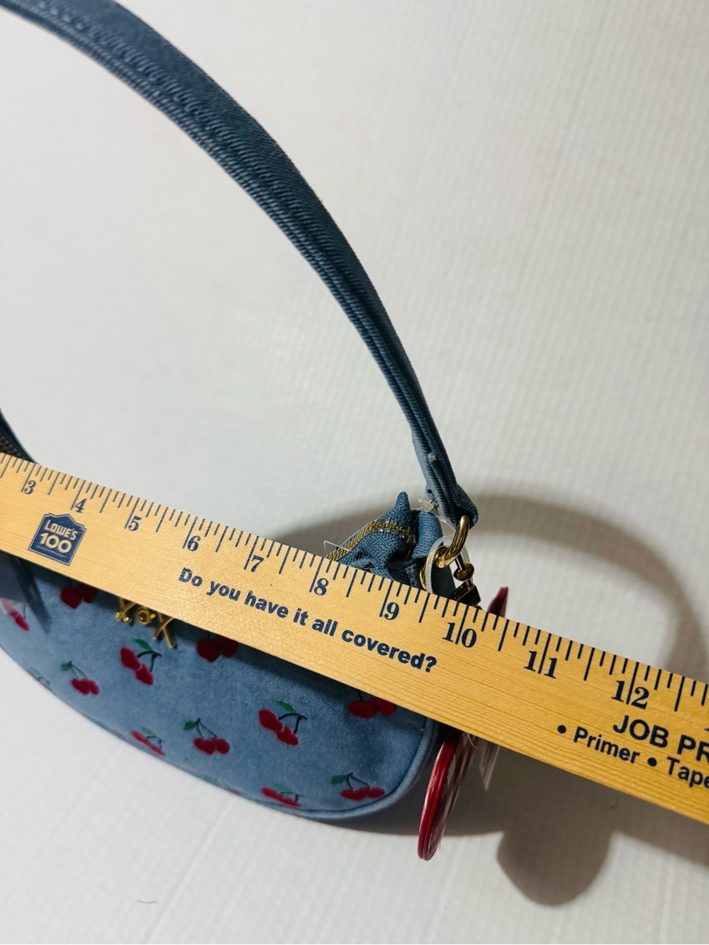 Betsey Johnson denim xonorthy Cherry Embroidered Shoulder Bag with charm BNWT - Picture 9 of 10